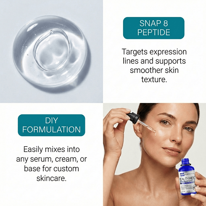 snap-8 targets expression lines and supports smoother skin texture while also easily mixing into any serum, cream, or base for custom skincare