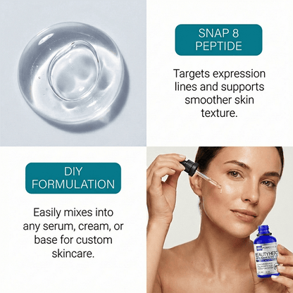 snap-8 targets expression lines and supports smoother skin texture while also easily mixing into any serum, cream, or base for custom skincare