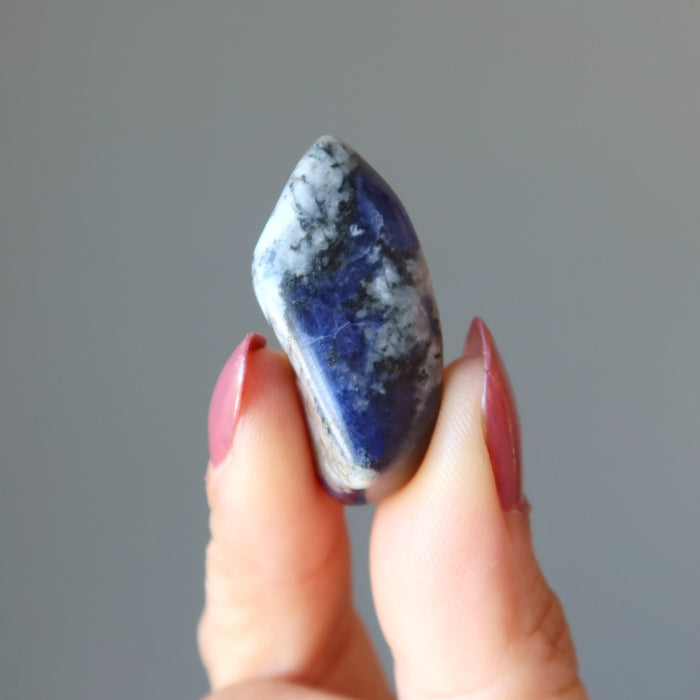 finger tips raise up a tumbled sodalite