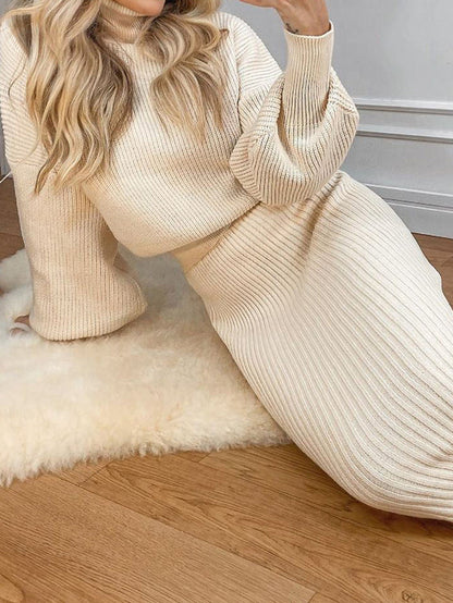 Solid Color Knitted Turtleneck Top Slim Skirt Women's Suit