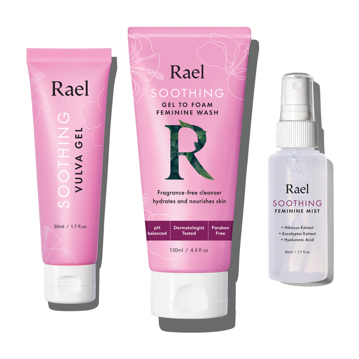 Rael Soothing Vulva Care Set packaging, including Soothing Vulva Gel, Soothing Gel to Foam Feminine Wash, and Soothing Feminine Mist.