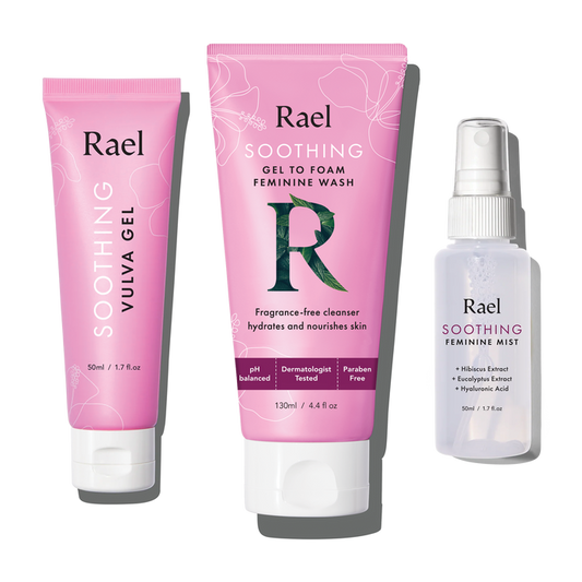 Rael Soothing Vulva Care Set packaging, including Soothing Vulva Gel, Soothing Gel to Foam Feminine Wash, and Soothing Feminine Mist.
