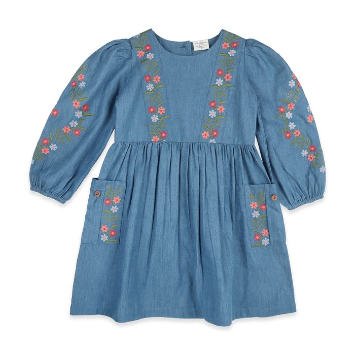Sophie Floral Embroidered Denim Girl Dress (Organic Cotton) - Front