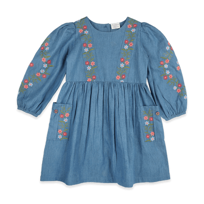 Sophie Floral Embroidered Denim Girl Dress (Organic Cotton) - Front