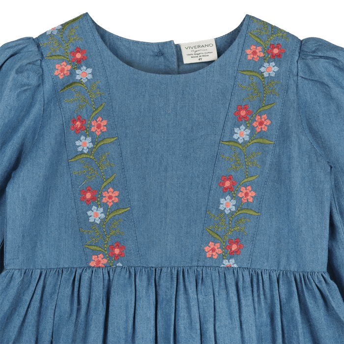 Sophie Floral Embroidered Denim Girl Dress (Organic Cotton) - Detail