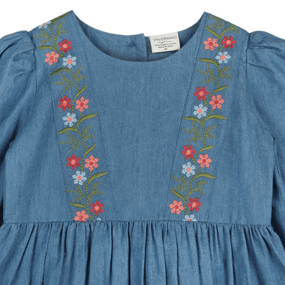 Sophie Floral Embroidered Denim Girl Dress (Organic Cotton) - Detail