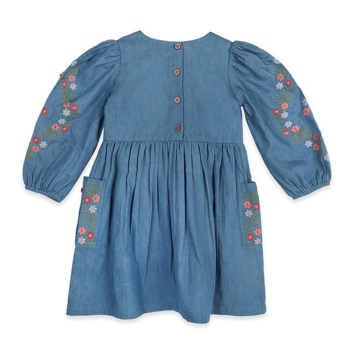 Sophie Floral Embroidered Denim Girl Dress (Organic Cotton) - Back