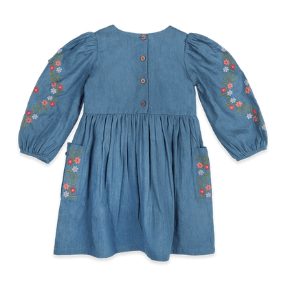 Sophie Floral Embroidered Denim Girl Dress (Organic Cotton) - Back