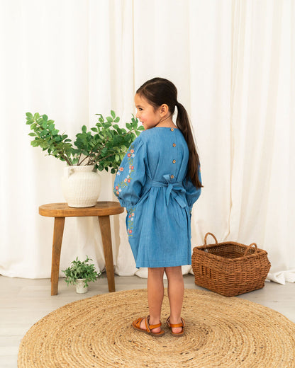 Viverano Sophie Floral Embroidered Denim Girl Dress (Organic Cotton) - Back