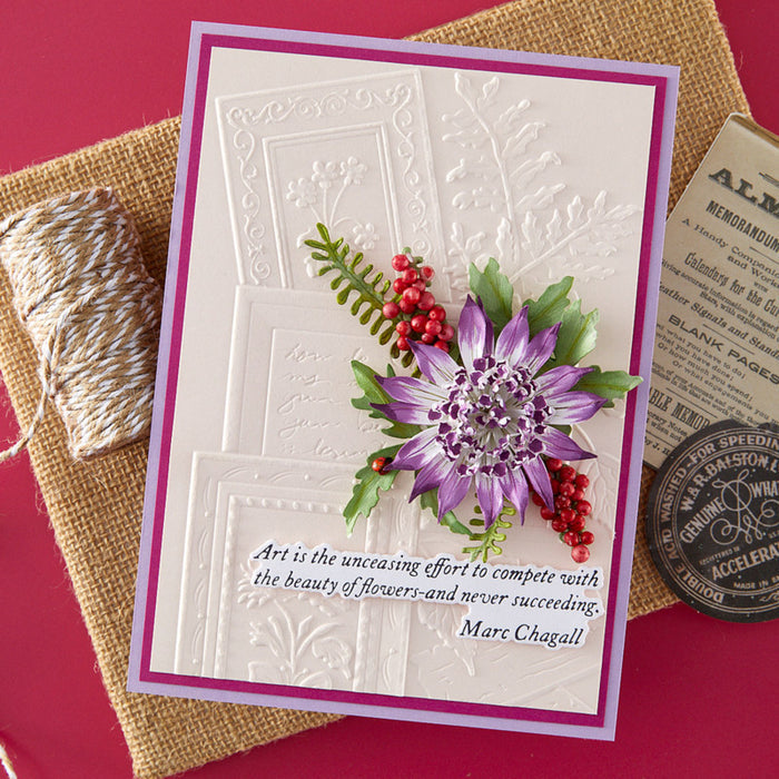 Spellbinders - 3D Embossing Folder - Ode to a Poet. Approx. Size: 5.50 x 8.50 in./13.97 x 21.60 cm. Available at Embellish Away in Bowmanville Ontario Canada. Example by brand ambassador.