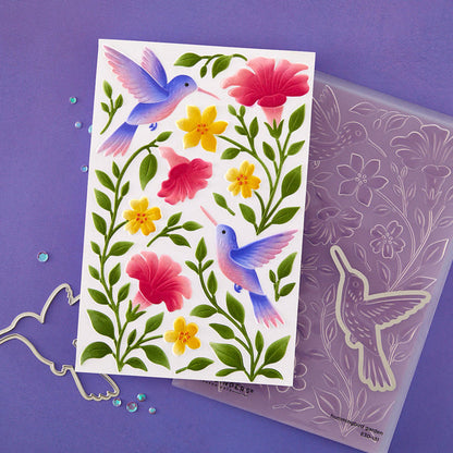 Spellbinders BUNDLE 3D Embossing Folder & Stencil Bundle - Hummingbird Garden. By Simon Hurley. Available at Embellish Away in Bowmanville Ontario Canada. Example by Simon Hurley.