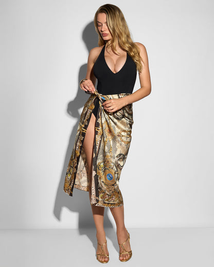Model wearing Square Scarf - Tiger Chain as a skirt