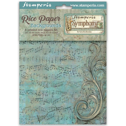 Stamperia - A6 Rice Paper Backgrounds Selection - 8/Sheets - Symphony. Available at Embellish Away located in Bowmanville Ontario Canada.