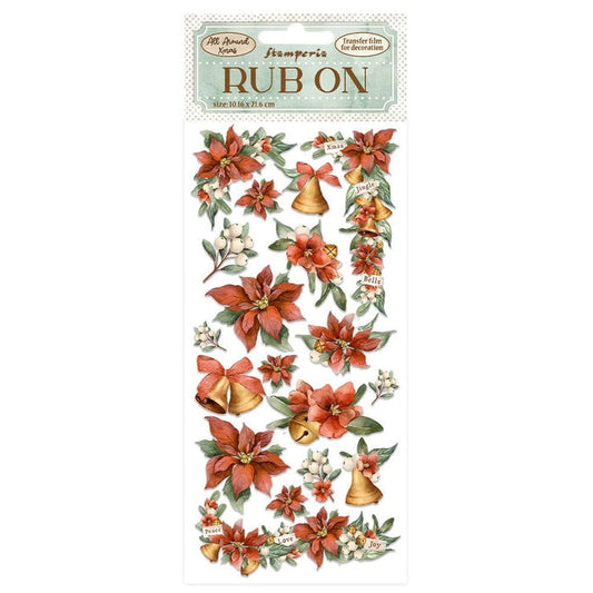 Stamperia - Rub-On 4"X8.5" - All Around Christmas - Poinsettia & Bells. These transfers are easy to use rub-on transfers that release onto a wide variety of surfaces allowing for a multitude of decor, furniture and multi-media uses. Available at Embellish Away located in Bowmanville Ontario Canada.