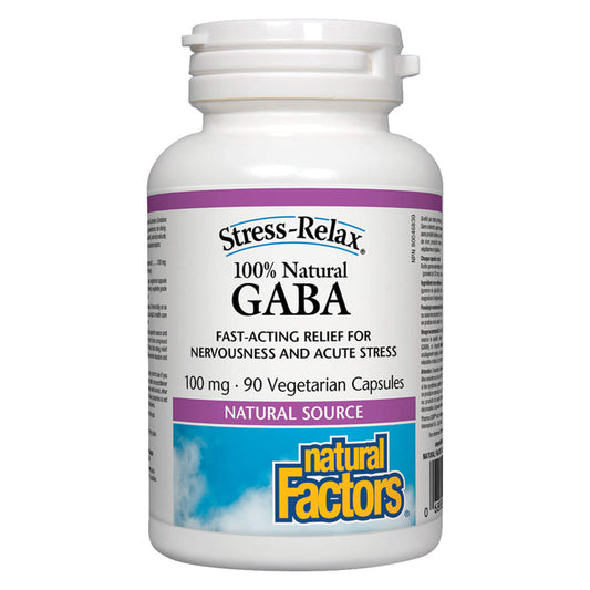 Bottle of Natural Factors Stress-Relax 100% Natural GABA 100 mg 90 Vegetarian Capsules | Optimum Health Vitamins, Canada