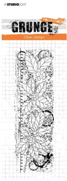 Studio Light - Clear Stamp - Christmas Branches Grunge. This mixed media style stamp features images of branches with holly berries and leaves all in a collage style. Great for Christmas or Winter cardmaking.  Size: 2 x 5.8 inches. Available at Embellish Away located in Bowmanville Ontario Canada.