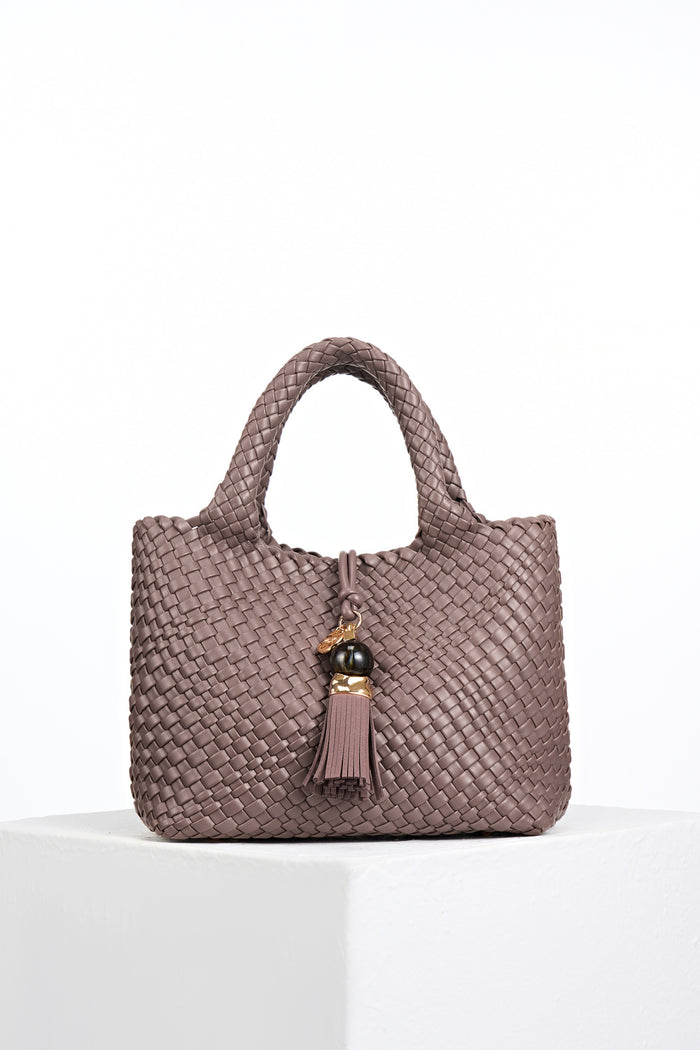 Suky Fawn faux leather Woven Crossbody with Signature Thames Tassel closure detail