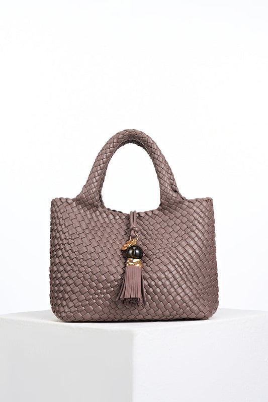 Suky Fawn faux leather Woven Crossbody with Signature Thames Tassel closure detail