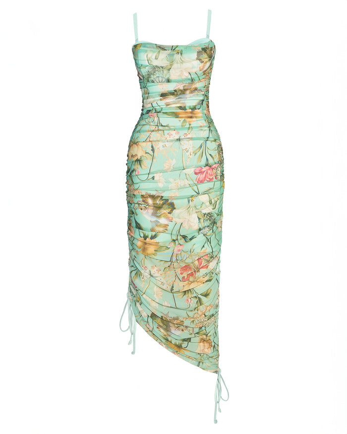 Outline image of Sweetie Mesh Column Dress - Adjustable Aqua Floral asymmetrical