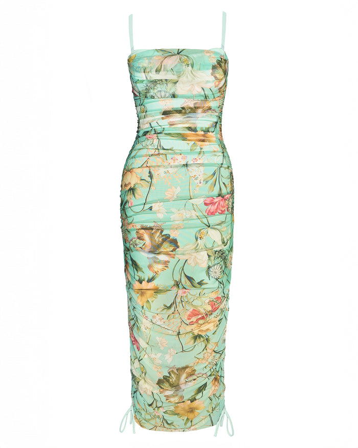 Outline image of Sweetie Mesh Column Dress - Adjustable Aqua Floral maxi