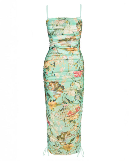Outline image of Sweetie Mesh Column Dress - Adjustable Aqua Floral maxi
