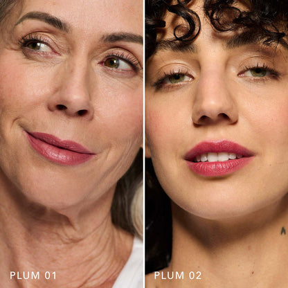 No Makeup Makeup – Models wearing plum blush and shades of plum Creme Classic Lipstick, natural minimal makeup