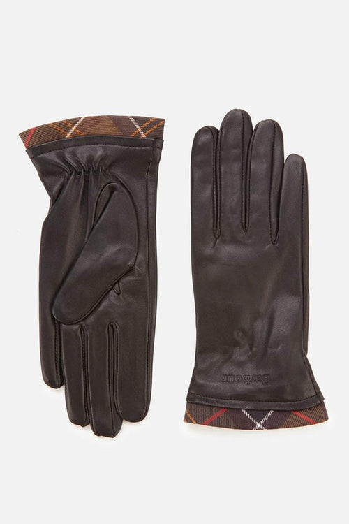 TARTAN TRIMMED LEATHER GLOVES BROWN