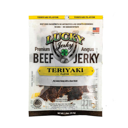 Package of Lucky Jerky Premium Angus Beef Jerky Teriyaki flavor on a white background