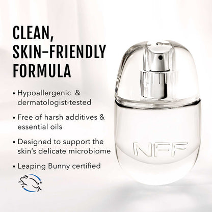 No Makeup Makeup – Clear bottle on a white background, featuring text about a clean, skin-friendly formula, natural minimal makeup