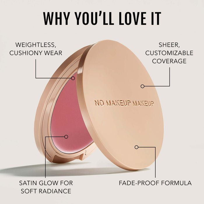 No Makeup Makeup – Pink Blush & Lip compact with features listed on a white background, natural minimal makeup