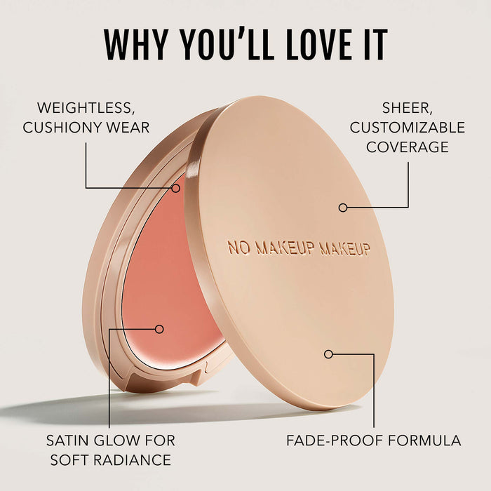 No Makeup Makeup – Peach Blush & Lip compact with features listed on a white background, natural minimal makeup