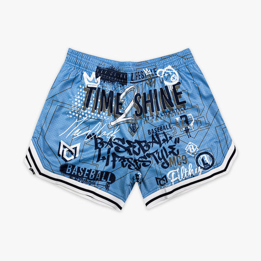 Blue shorts with text and graphics on a white background