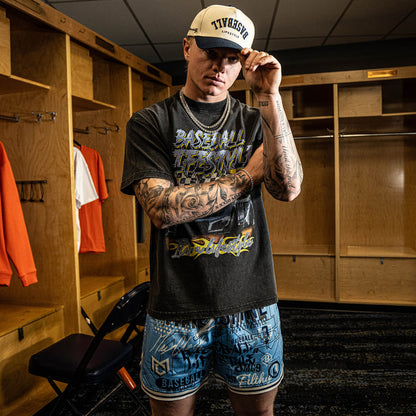 Adult model wearing blue Time 2 Shine Icons Court shorts