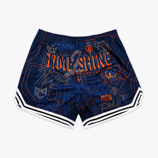 Blue shorts with orange text and white accents on a light gray background