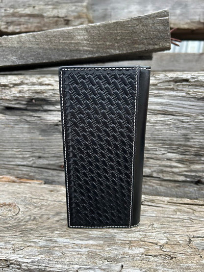 Black basketweave leather Tall wallet with a Bull Rider Concho on top right corner on top of Hair-On cowhide with Silver studs. Rear view showing a additional bill slot.