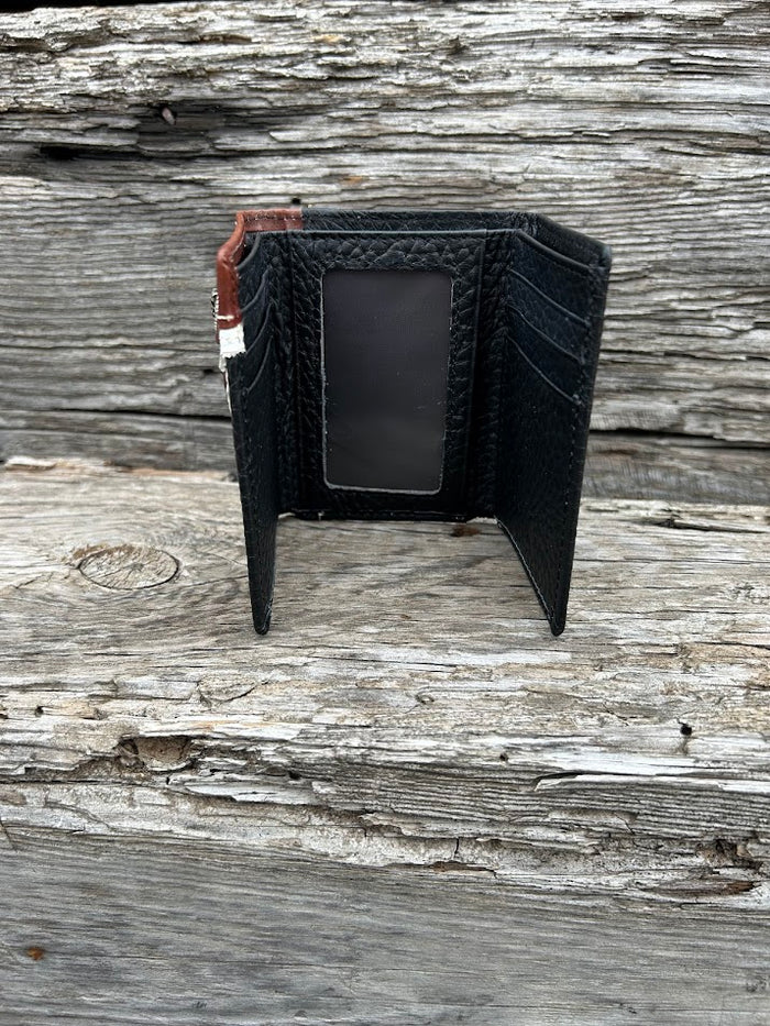 Black pebbled leather Trifold wallet with embossed Brown overlay featuring a Praying Cowboy Concho. Inside view showing multiple card slots and a ID window.