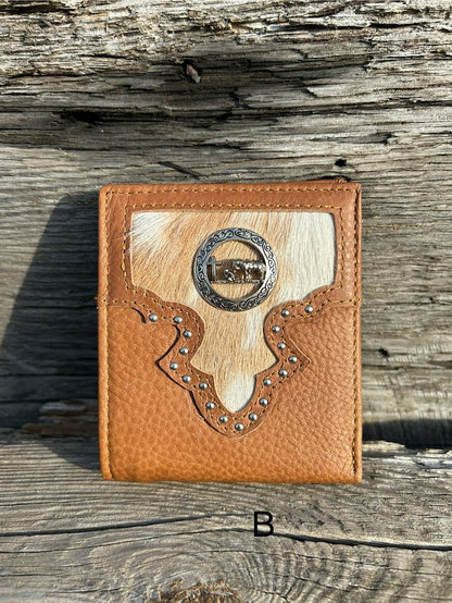 This Brown leather bifold wallet features a cowhide inlay with a Praying Cowboy Concho.  Front View B