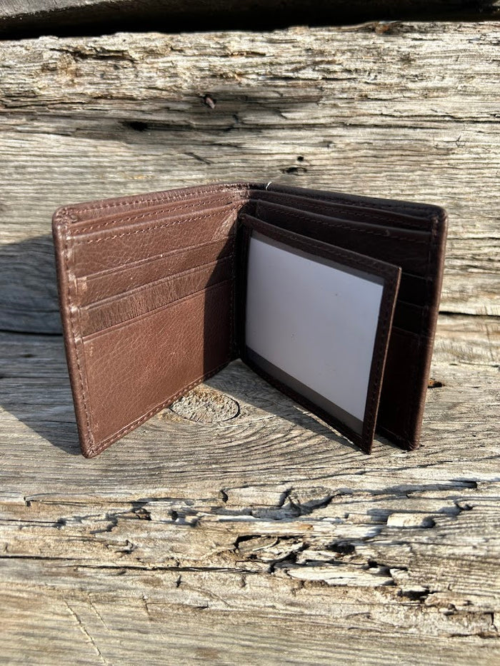 This Coffee Brown basketweave leather wallet. Inside view showing multiple cards slots and a dual ID window.