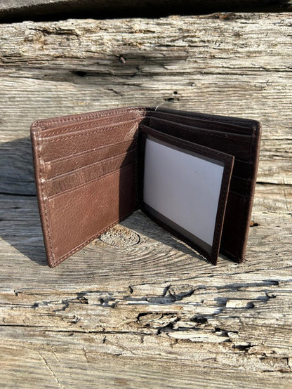 This Coffee Brown basketweave leather wallet. Inside view showing multiple cards slots and a dual ID window.
