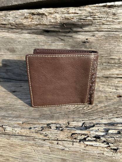 This Coffee Brown basketweave leather wallet. Rear View
