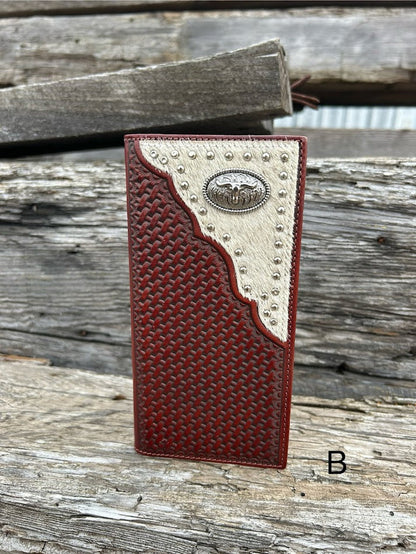 Coffee Brown basketweave leather tall wallet with hair-on corner featuring a Longhorn Concho. Front View B