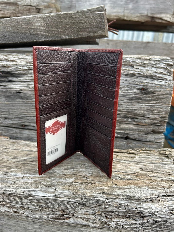 Coffee Brown basketweave leather tall wallet with hair-on corner featuring a Longhorn Concho. Inside view showing thirteen card slots, a ID wallet, and multiple cash slots.