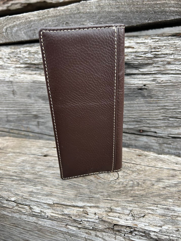 This Coffee Brown alligator print leather checkbook wallet features a Star Concho and a cowhide inlay on the bottom of the front. Rear view showing additional bill slot.