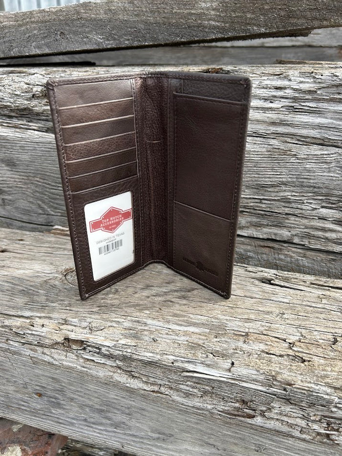 Coffee Brown basketweave leather checkbook wallet with cowhide inlay and Bull Rider Concho. Inside view showing checkbook holder, ID window, and multiple card slots.