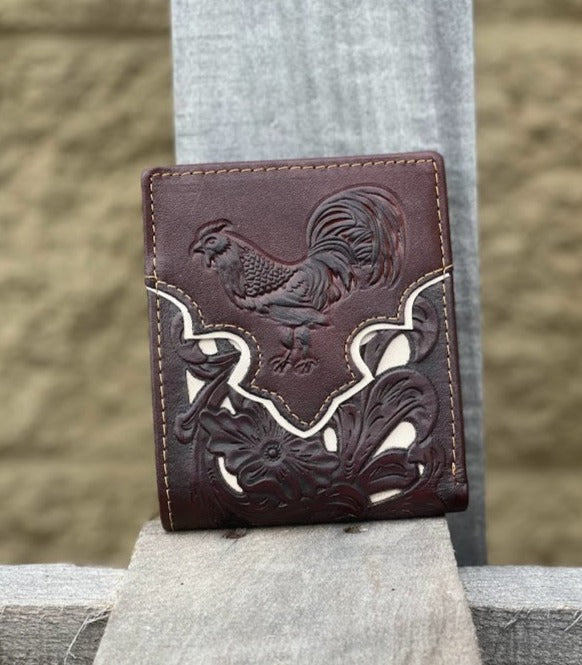 Coffee Brown leather bifold wallet with embossed Rooster design and a beige inlay. Front View