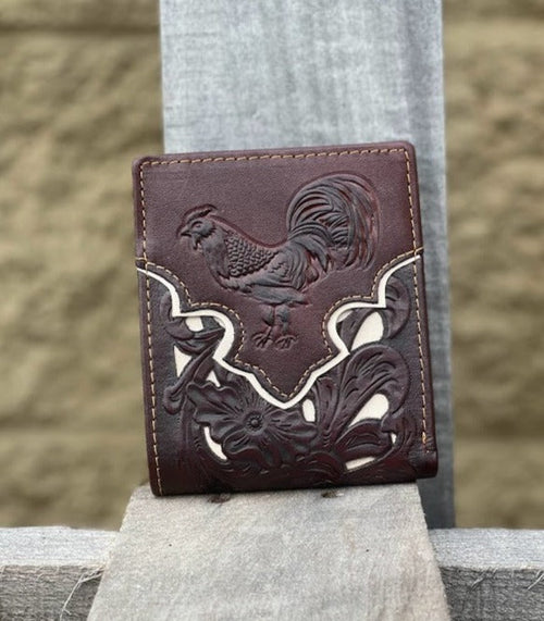 Coffee Brown leather bifold wallet with embossed Rooster design and a beige inlay. Front View