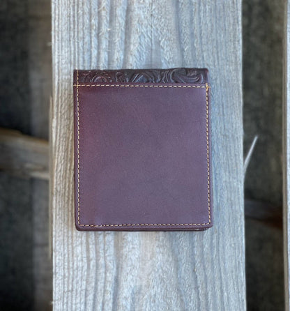 Coffee Brown leather bifold wallet with embossed Rooster design and a beige inlay.  Rear view