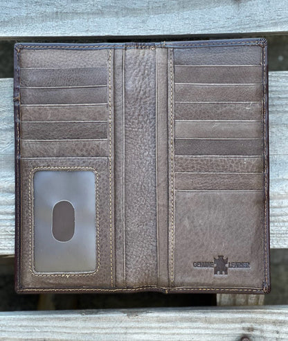 Coffee Brown leather tall wallet with a embossed Rooster design and turquoise blue inlay.  Inside view showing ID window and multiple card and cash slots.