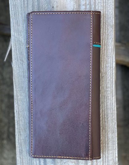 Coffee Brown leather tall wallet with a embossed Rooster design and turquoise blue inlay. Rear View