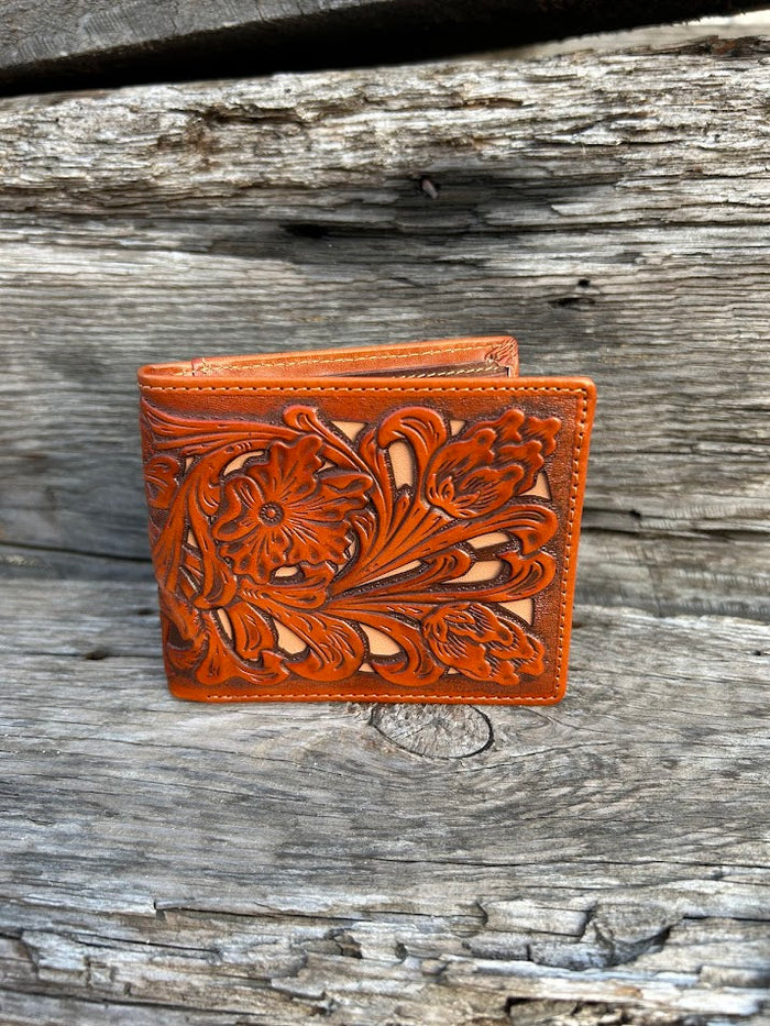 This Light Brown leather bifold wallet features a intricate tooled pattern over a  Beige inlay. Front View